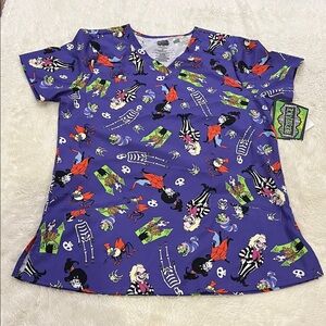 BeetleJuice Purple Halloween Size M 2 pocket front V Neck Spooky Scrub Top